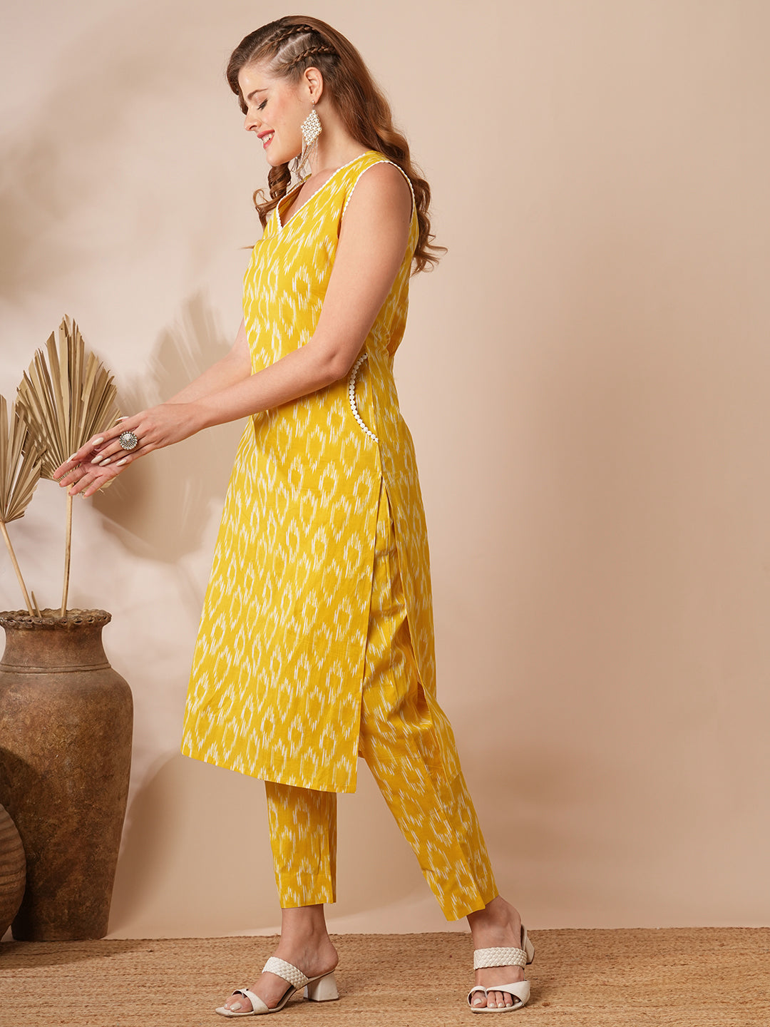 Ethnic Ikat Printed Straight Fit Co-ord Set - Yellow