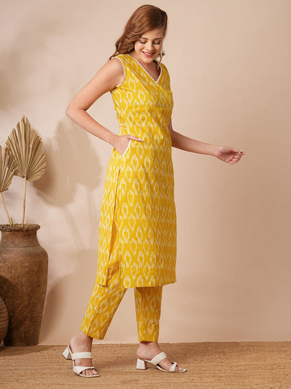 Ethnic Ikat Printed Straight Fit Co-ord Set - Yellow