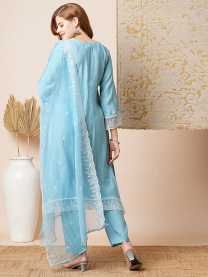 Floral Embroidered A-Line Kurta with Pant & Embroidered Dupatta - Blue