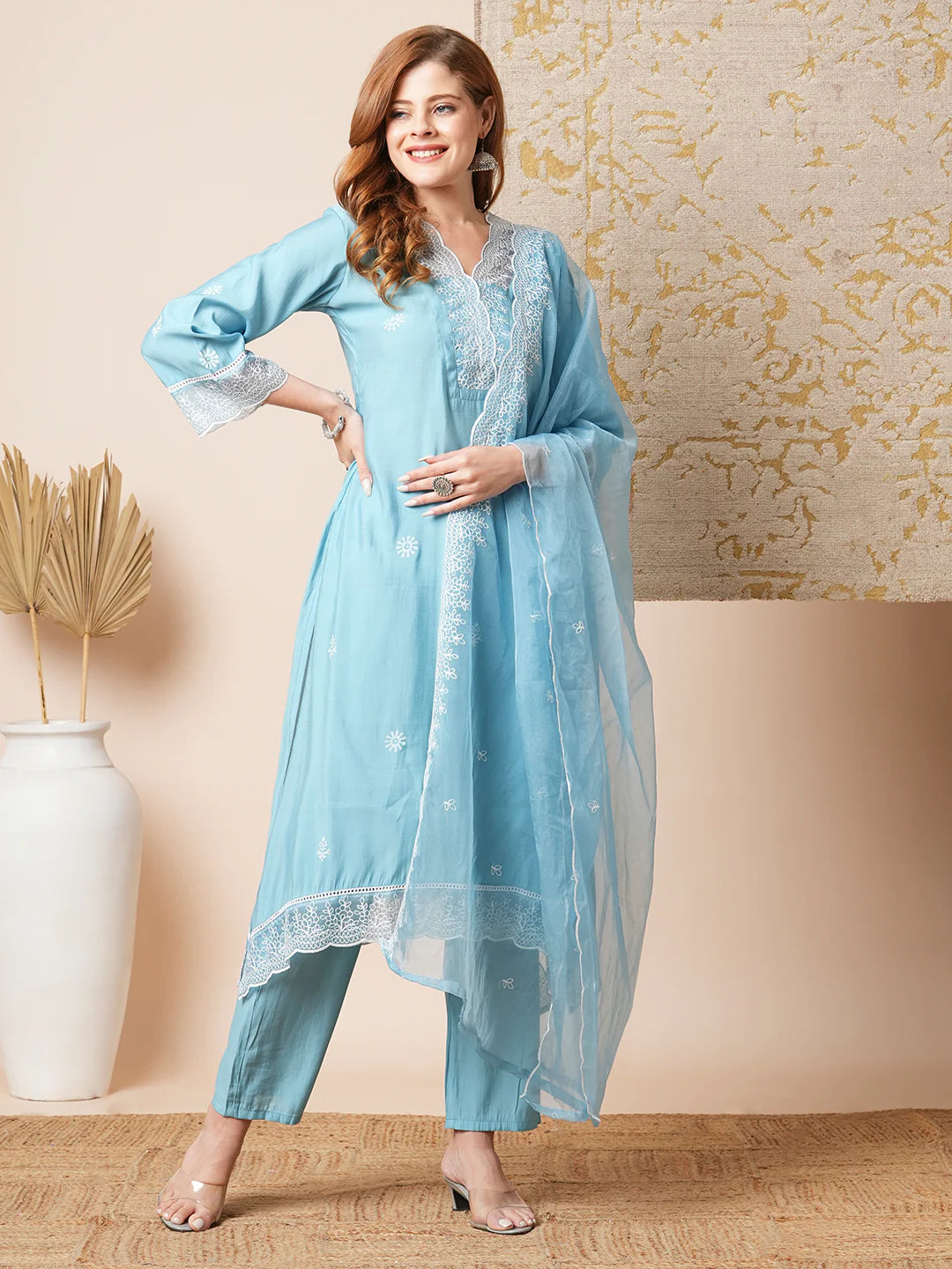 Floral Embroidered A-Line Kurta with Pant & Embroidered Dupatta - Blue