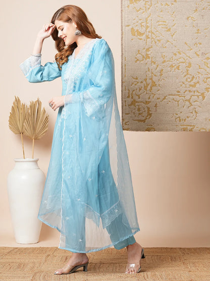 Floral Embroidered A-Line Kurta with Pant & Embroidered Dupatta - Blue