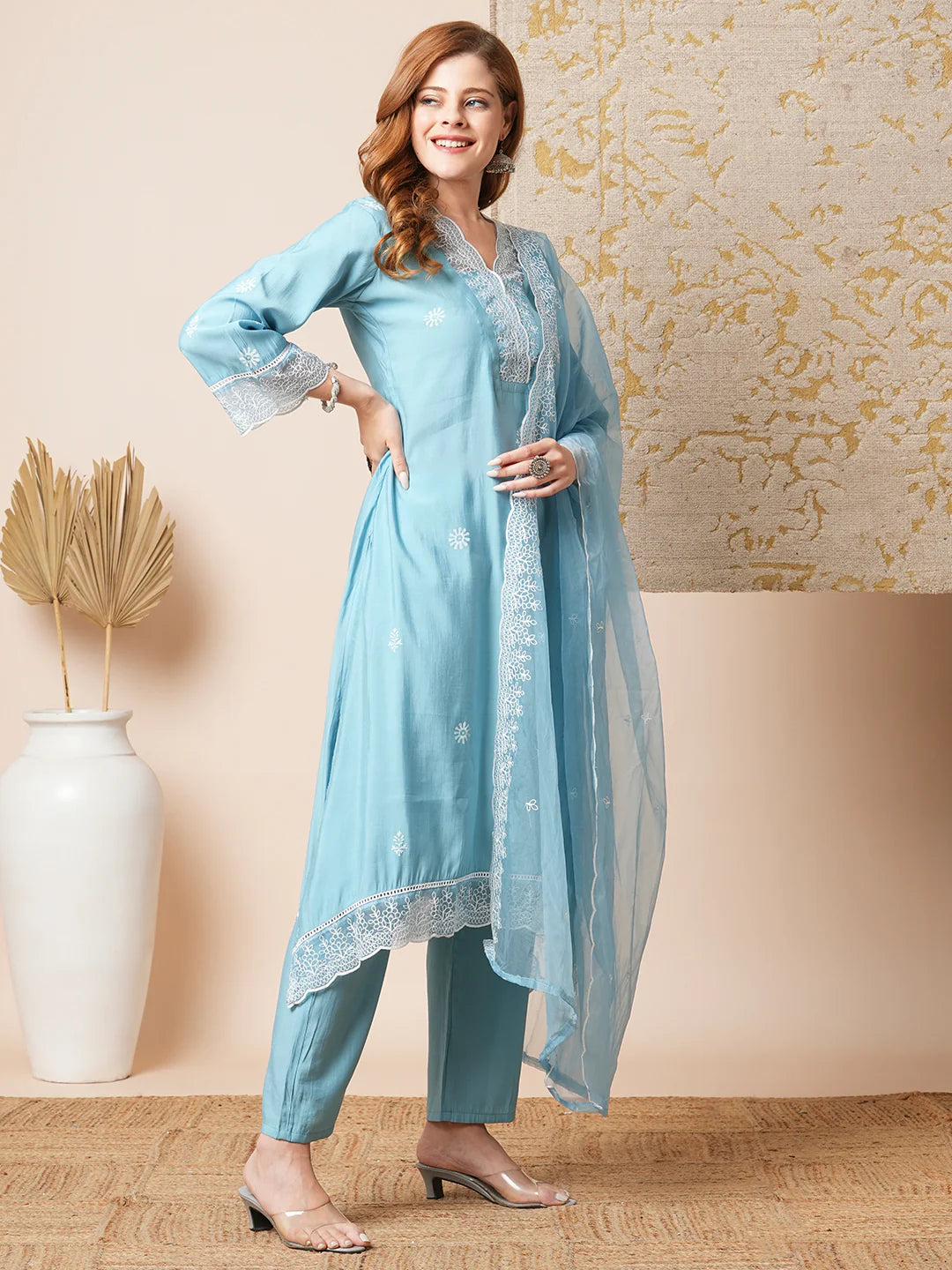 Floral Embroidered A-Line Kurta with Pant & Embroidered Dupatta - Blue