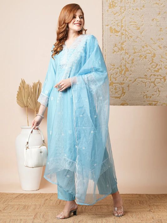 Floral Embroidered A-Line Kurta with Pant & Embroidered Dupatta - Blue