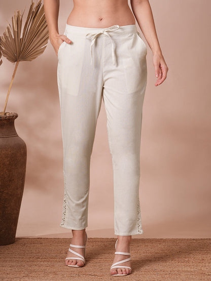 Solid Floral Embroidered Straight Fit Pant - White