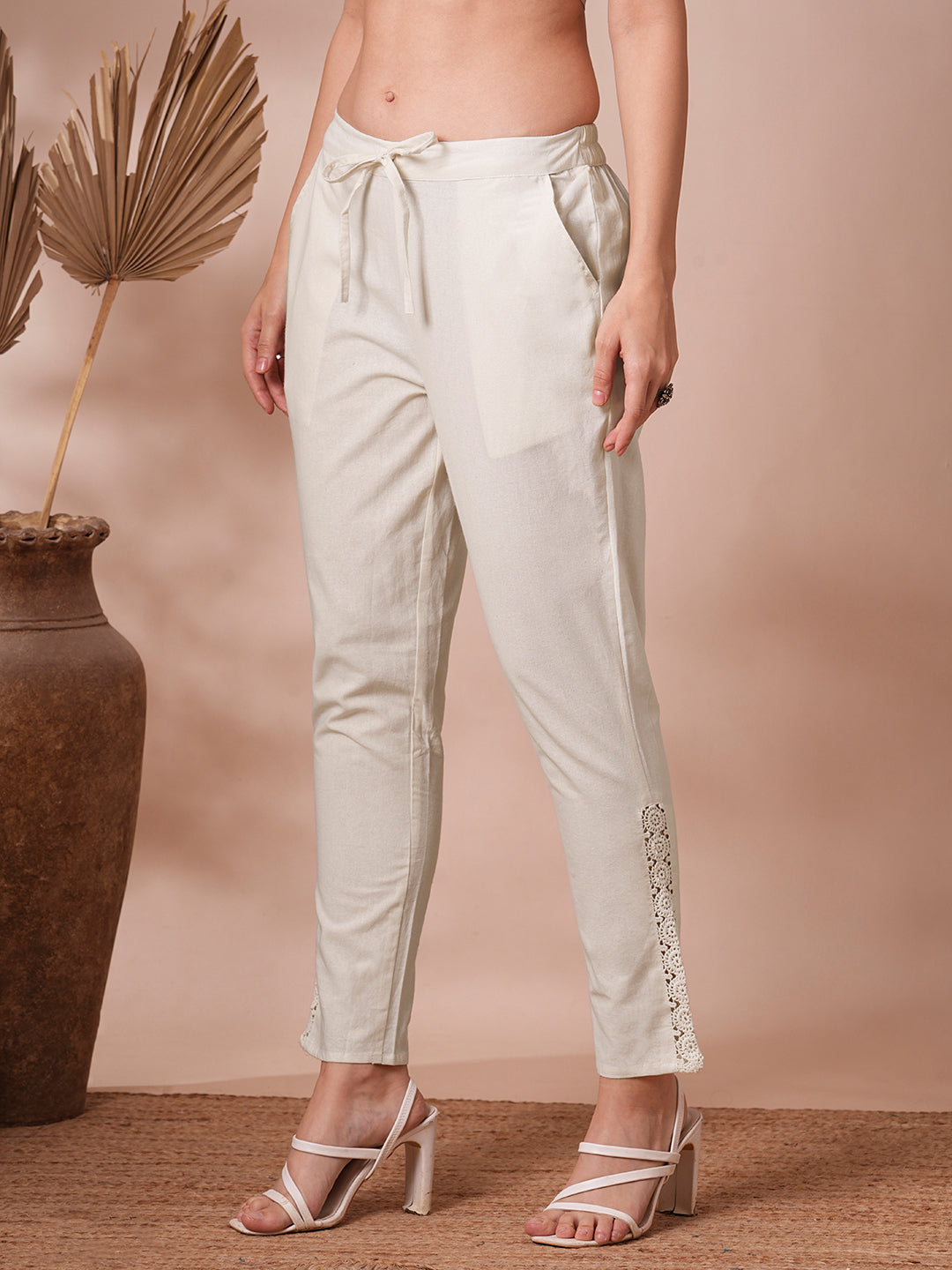 Solid Floral Embroidered Straight Fit Pant - White