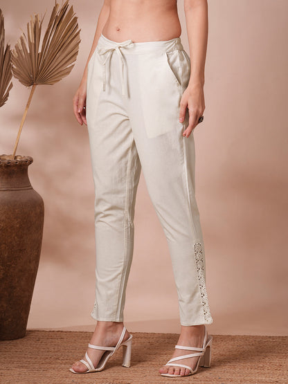 Solid Floral Embroidered Straight Fit Pant - White