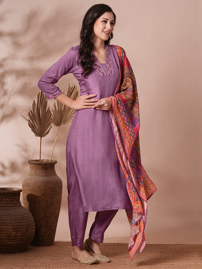 Solid Ethnic Hand Embroidered Straight Fit Kurta with Pant & Printed Dupatta - Purple