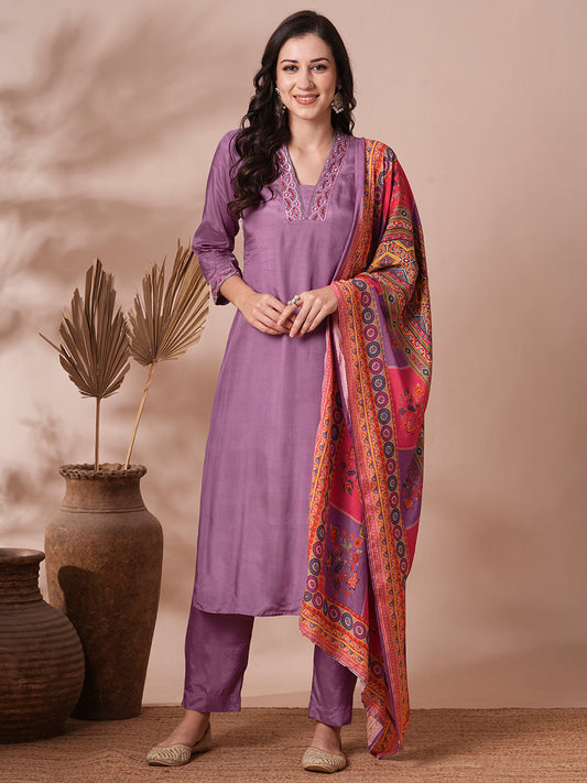 Solid Ethnic Hand Embroidered Straight Fit Kurta with Pant & Printed Dupatta - Purple