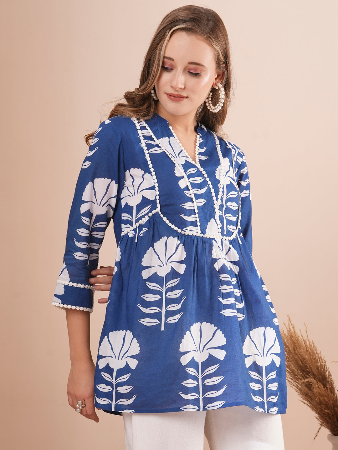 Ethnic Floral Block Printed A-Line Short Cotton Kurti - Blue