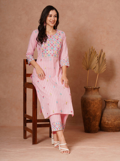 Solid Ethnic Woven & Floral Embroidered Straight Fit Kurta with Salwar - Pink