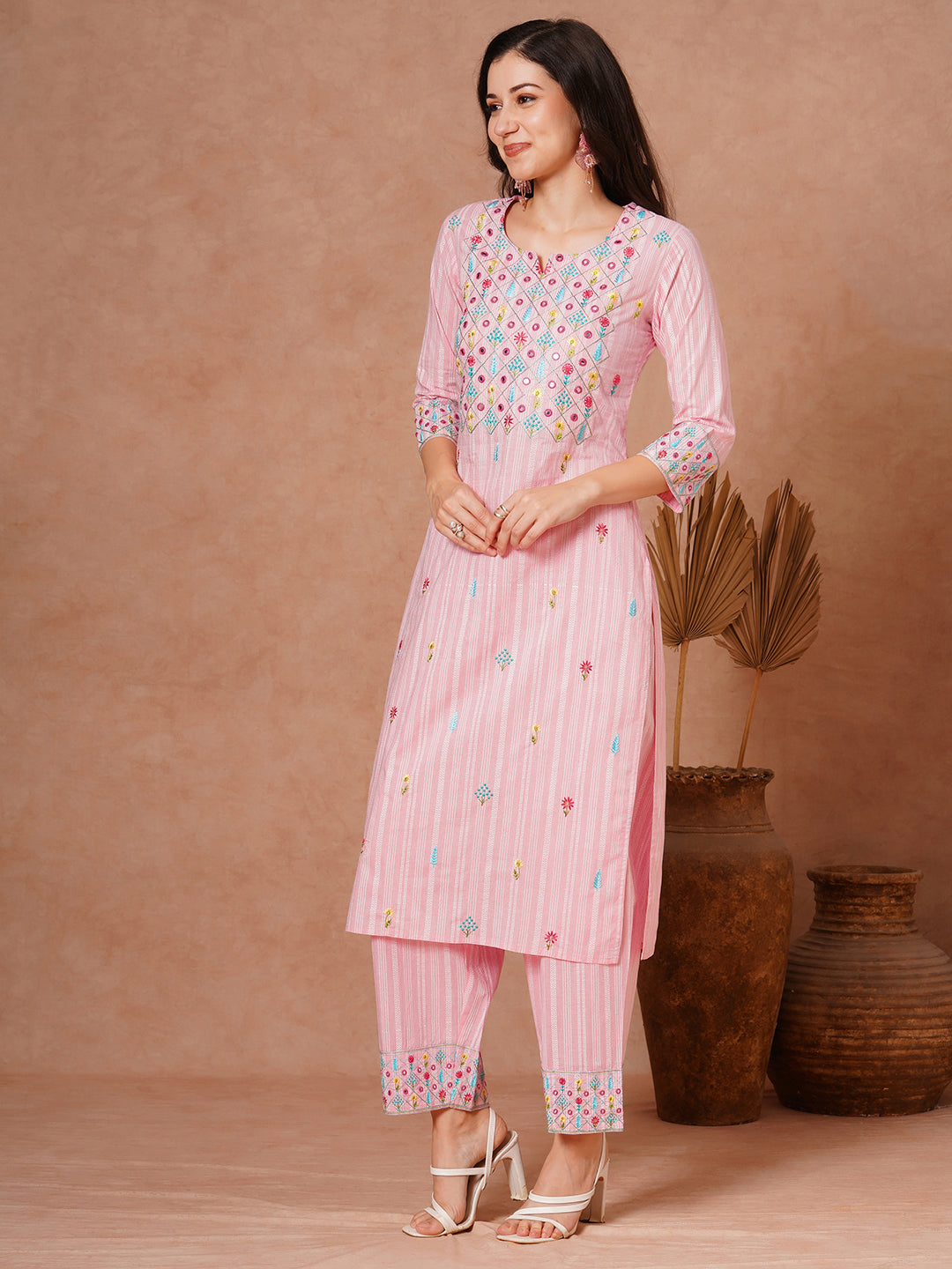 Solid Ethnic Woven & Floral Embroidered Straight Fit Kurta with Salwar - Pink