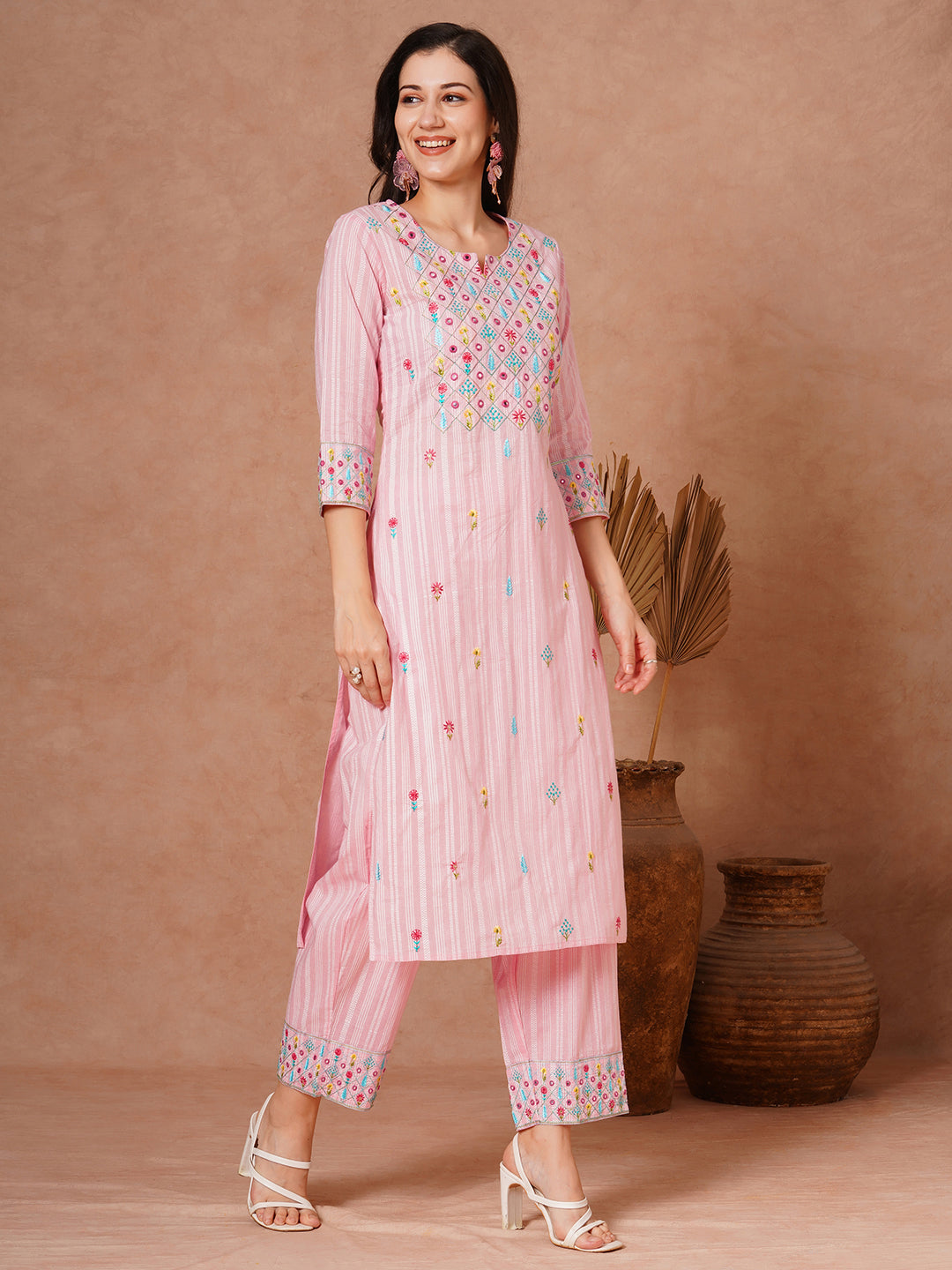 Solid Ethnic Woven & Floral Embroidered Straight Fit Kurta with Salwar - Pink