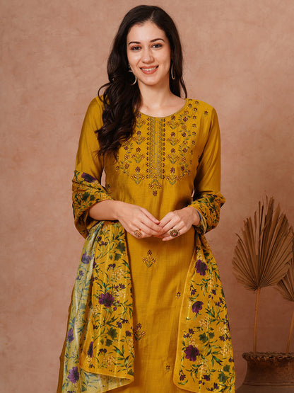 Solid Floral Embroidered Straight Fit Kurta with Pant and Printed Dupatta - Mustard