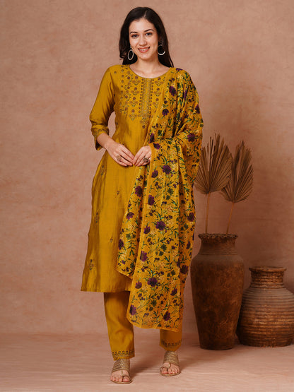 Solid Floral Embroidered Straight Fit Kurta with Pant and Printed Dupatta - Mustard