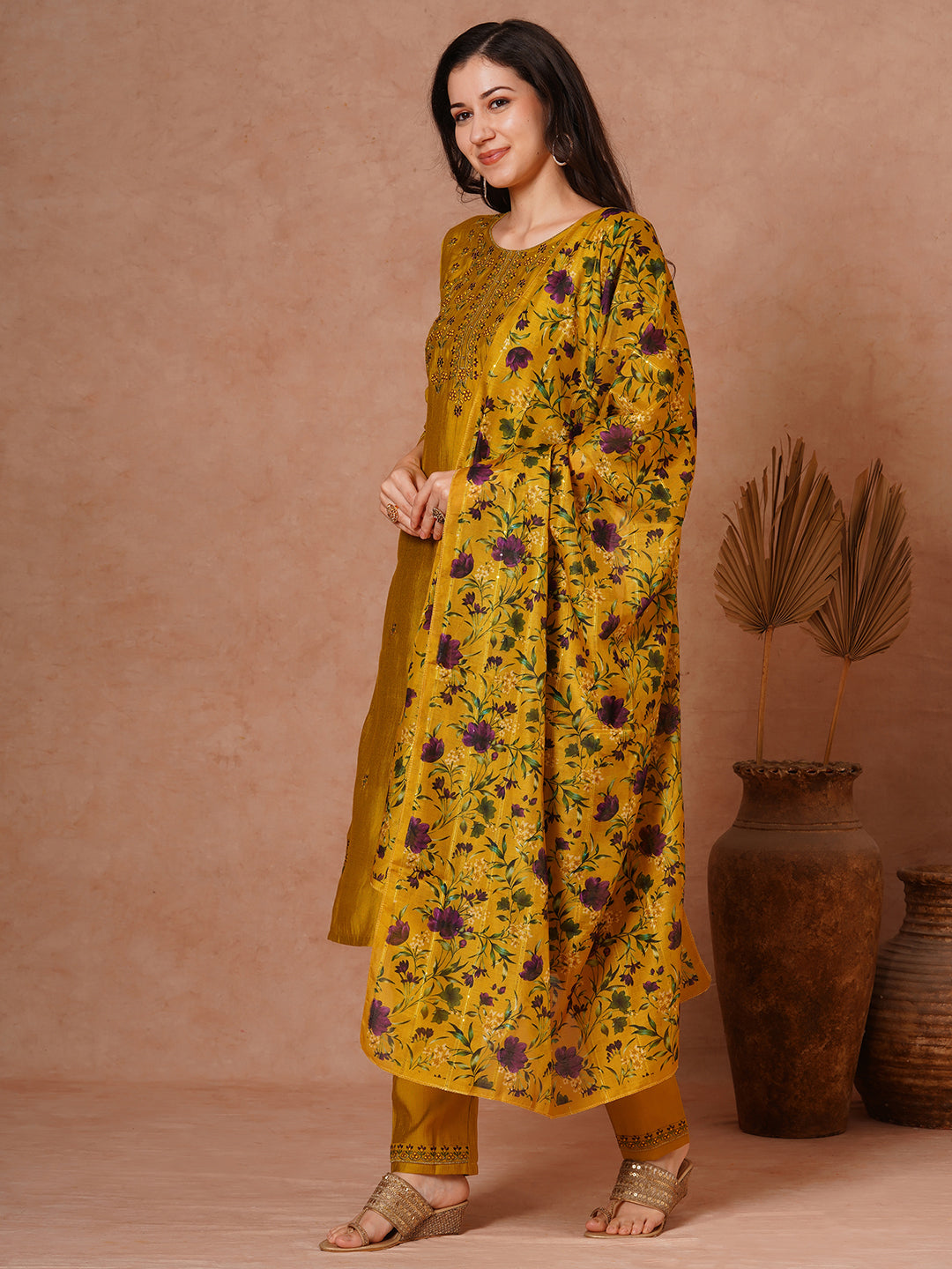 Solid Floral Embroidered Straight Fit Kurta with Pant and Printed Dupatta - Mustard