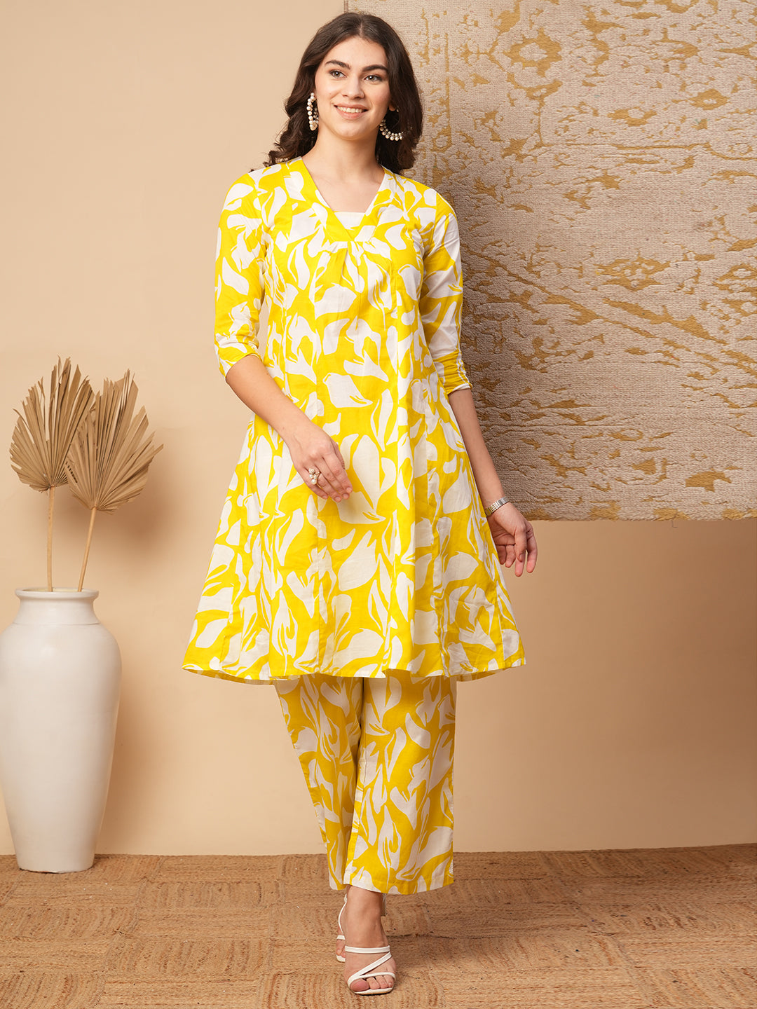 Ethnic Floral Block Printed A-Line Paneled Co-ord Set - Yellow