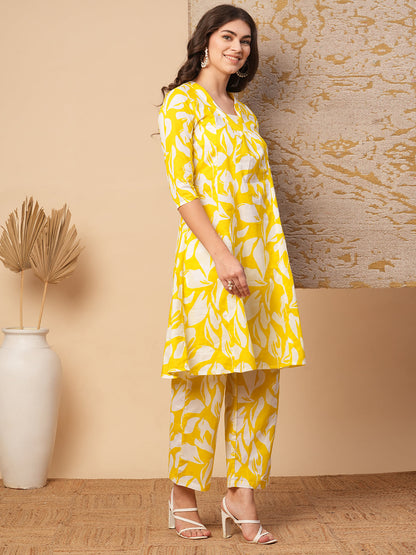 Ethnic Floral Block Printed A-Line Paneled Co-ord Set - Yellow