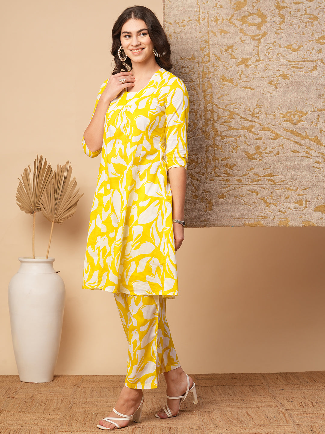 Ethnic Floral Block Printed A-Line Paneled Co-ord Set - Yellow