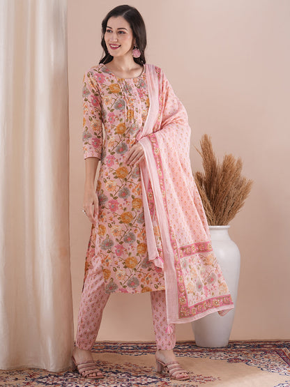 Ethnic Floral Printed & Embroidered Straight Fit Kurta with Pant and Dupatta - Pink