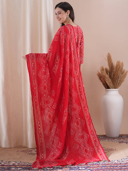 Abstract Geometric Printed Straight Fit Kurta with Pant & Dupatta - Red