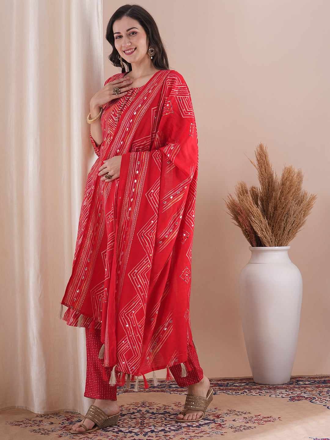 Abstract Geometric Printed Straight Fit Kurta with Pant & Dupatta - Red