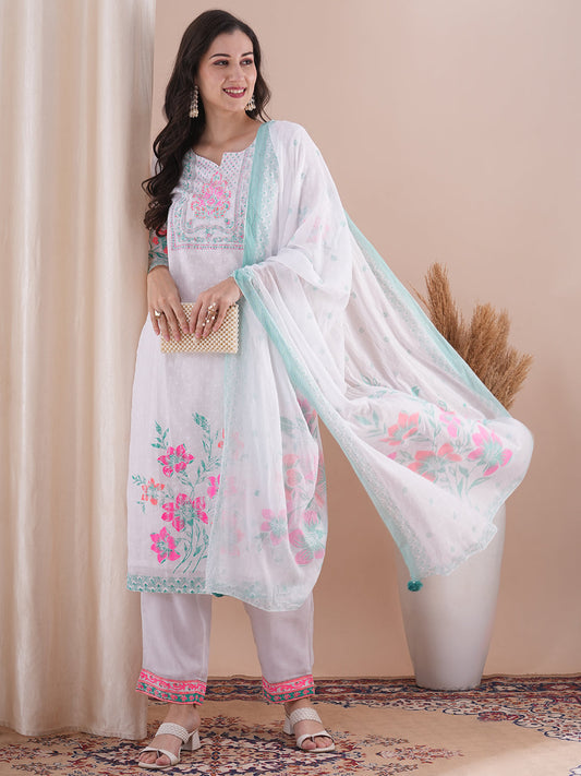 Ethnic Floral Printed Straight Fit Kurta with Pant and Dupatta - White