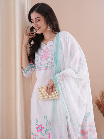 Ethnic Floral Printed Straight Fit Kurta with Pant and Dupatta - White