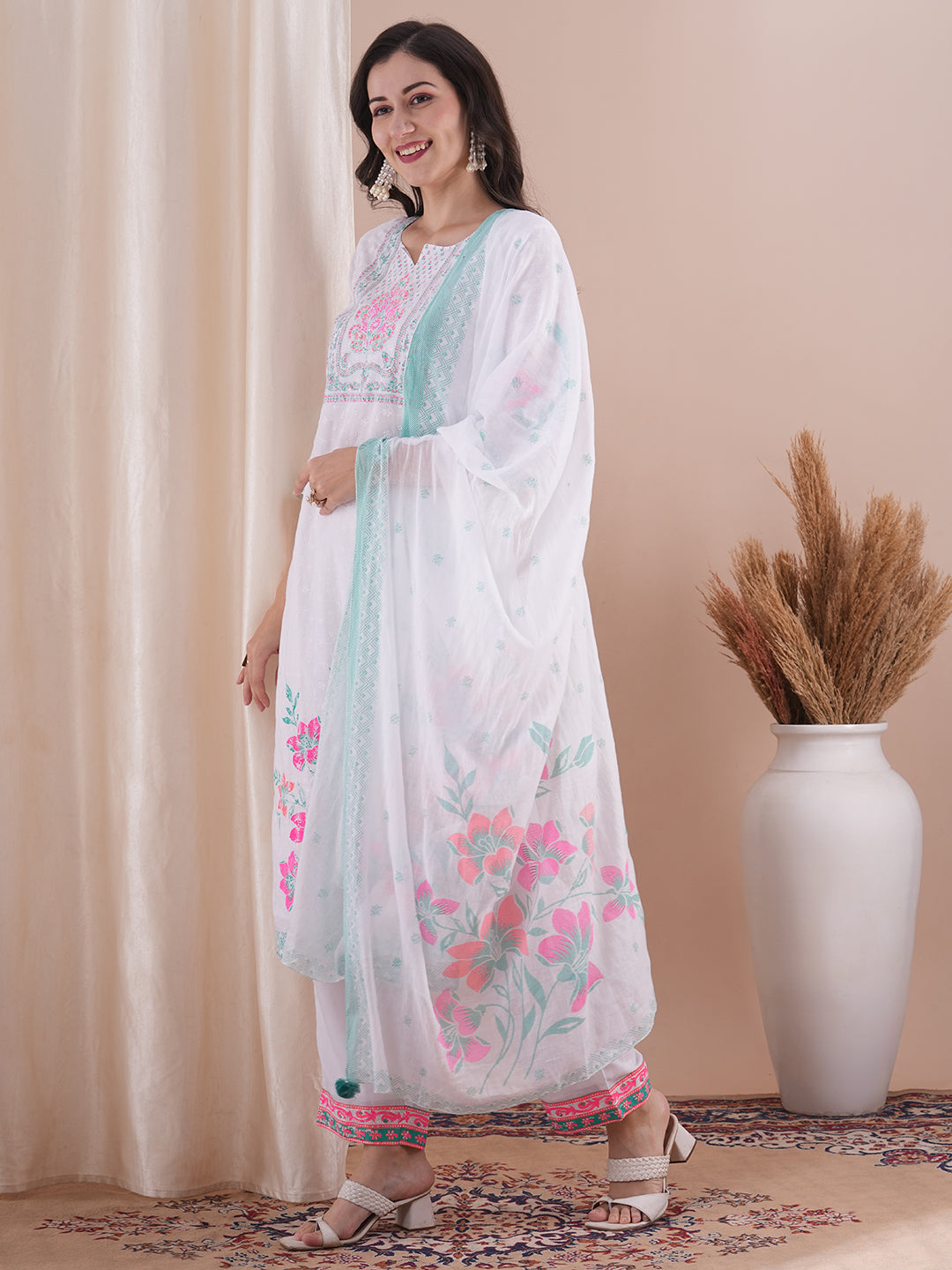 Ethnic Floral Printed Straight Fit Kurta with Pant and Dupatta - White