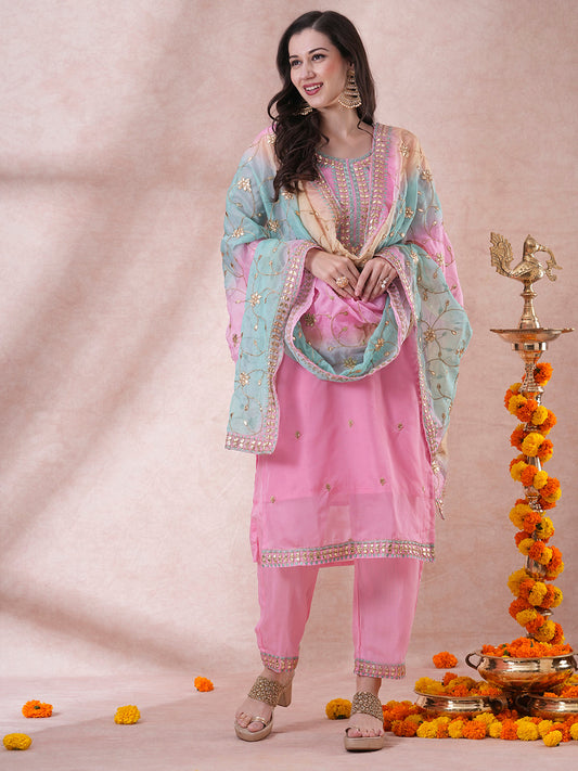 Solid Gota Patti Embroidered Straight Fit Kurta with Pant and Printed Dupatta - Pink