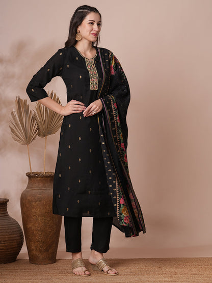 Floral Hand Embroidered Straight Kurta with Pant and Dupatta - Black