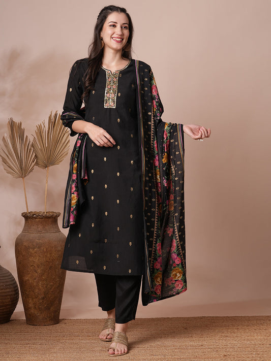 Floral Hand Embroidered Straight Kurta with Pant and Dupatta - Black