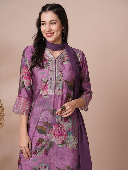 Abstract Printed & Embroidered Straight Fit Kurta with Pant and Dupatta - Purple