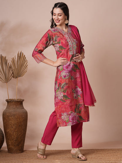 Abstract Printed & Embroidered Straight Fit Kurta with Pant and Dupatta - Pink