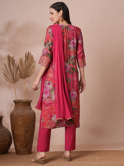 Abstract Printed & Embroidered Straight Fit Kurta with Pant and Dupatta - Pink