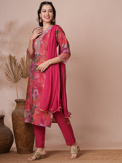 Abstract Printed & Embroidered Straight Fit Kurta with Pant and Dupatta - Pink