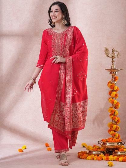 Solid Ethnic Embroidered Straight Fit Kurta with Pant and Dupatta - Red