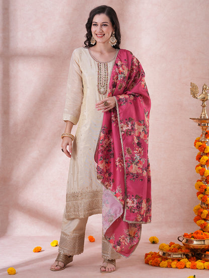 Ethnic Hand Embroidered Straight Cut Tissue Kurta with Palazzo & Dupatta - Cream