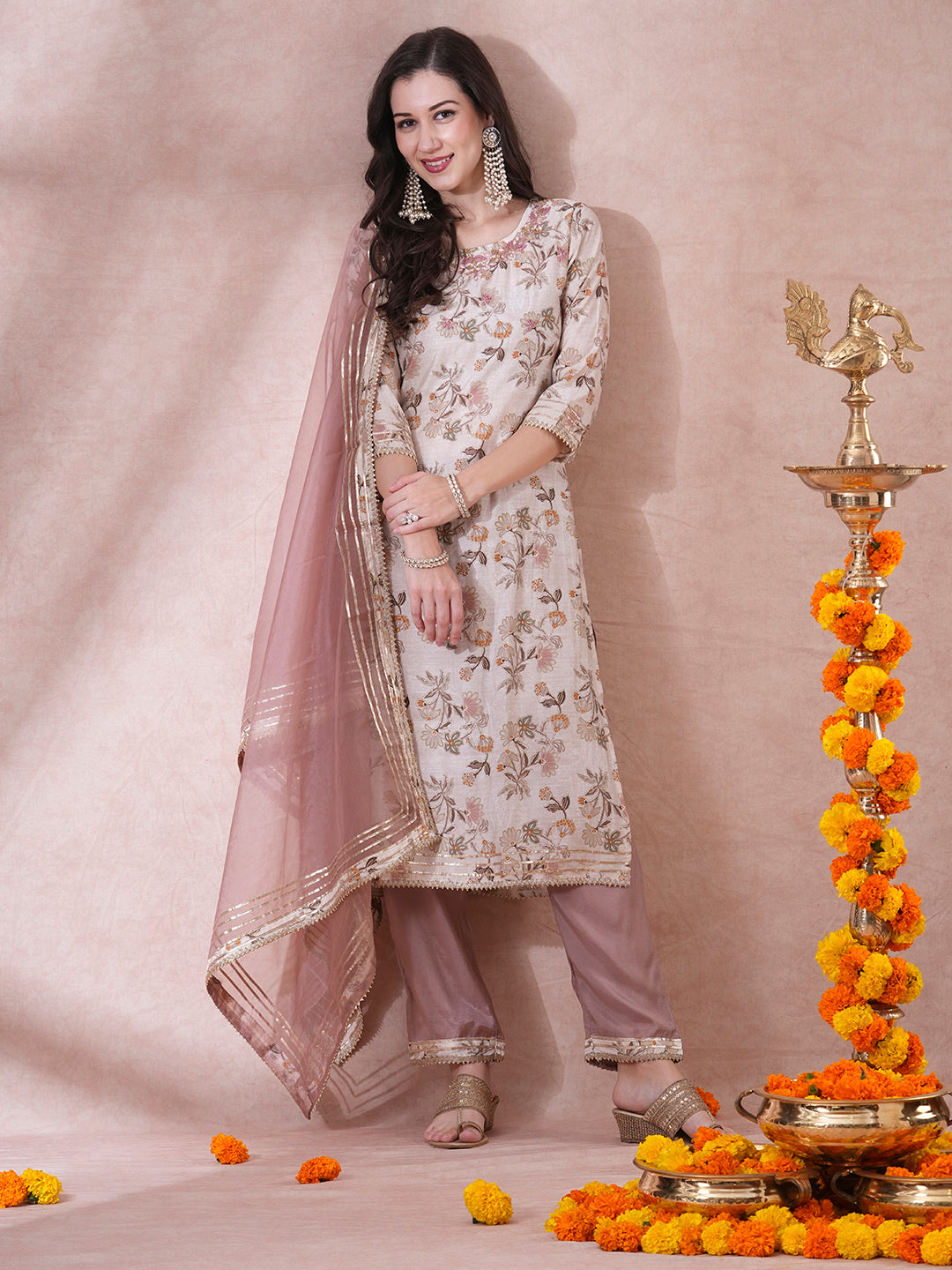 Ethnic Floral Foil Printed & Embroidered Straight Fit Kurta with Pant & Dupatta - Cream