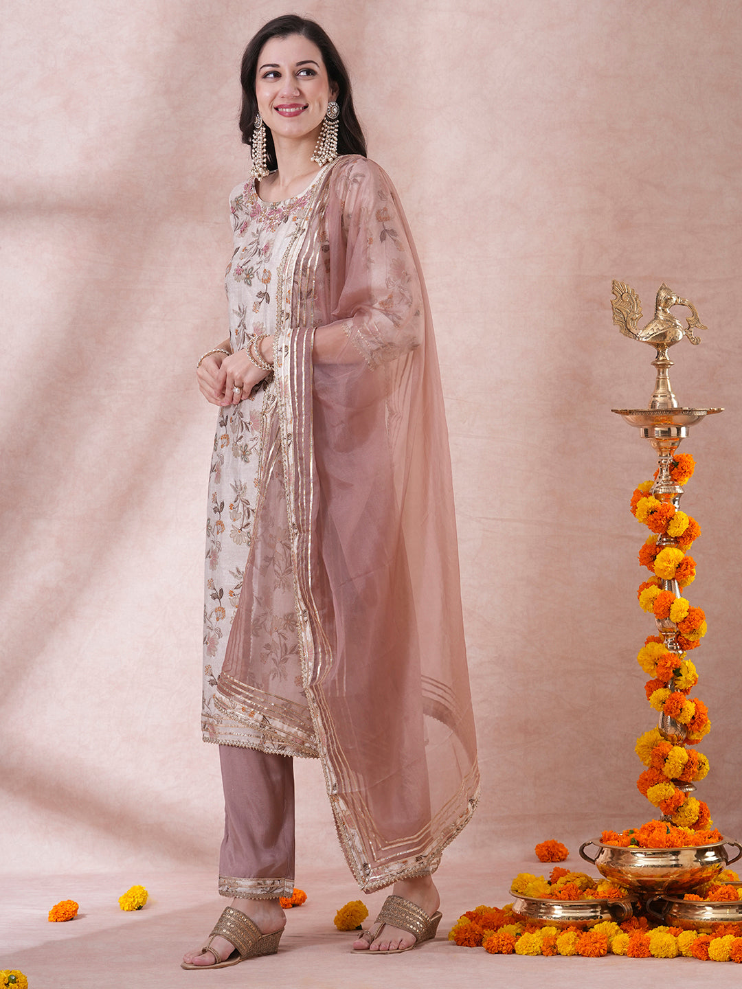 Ethnic Floral Foil Printed & Embroidered Straight Fit Kurta with Pant & Dupatta - Cream