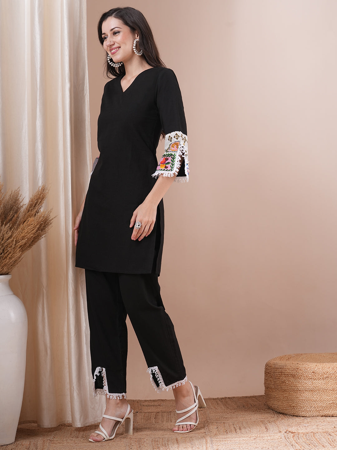 Solid Ethnic PatchWork Straight Fit Cotton Flax Co-ord Set - Black