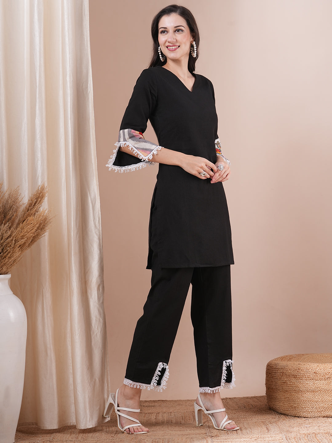 Solid Ethnic PatchWork Straight Fit Cotton Flax Co-ord Set - Black