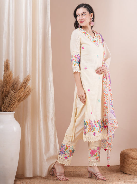 Solid Floral Embroidered Straight Fit Kurta with Pant & Dupatta - White