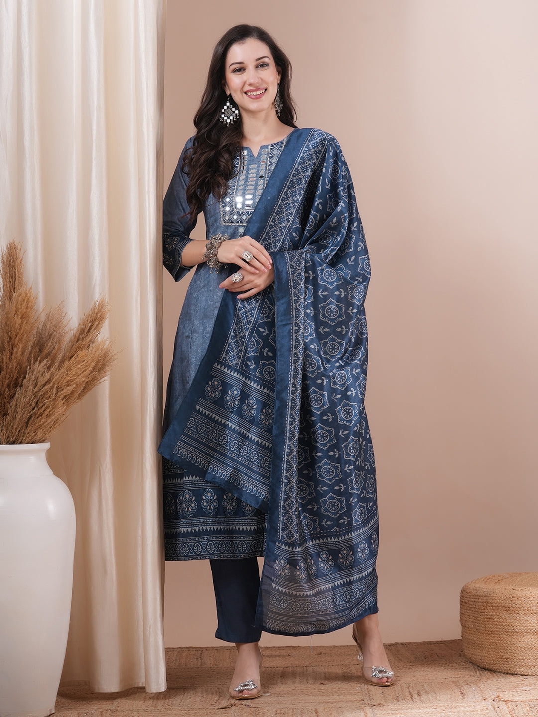 Ethnic Printed & Mirror Embroidered Straight Fit Kurta with Pant and Dupatta - Blue