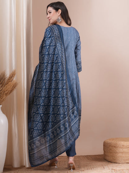 Ethnic Printed & Mirror Embroidered Straight Fit Kurta with Pant and Dupatta - Blue