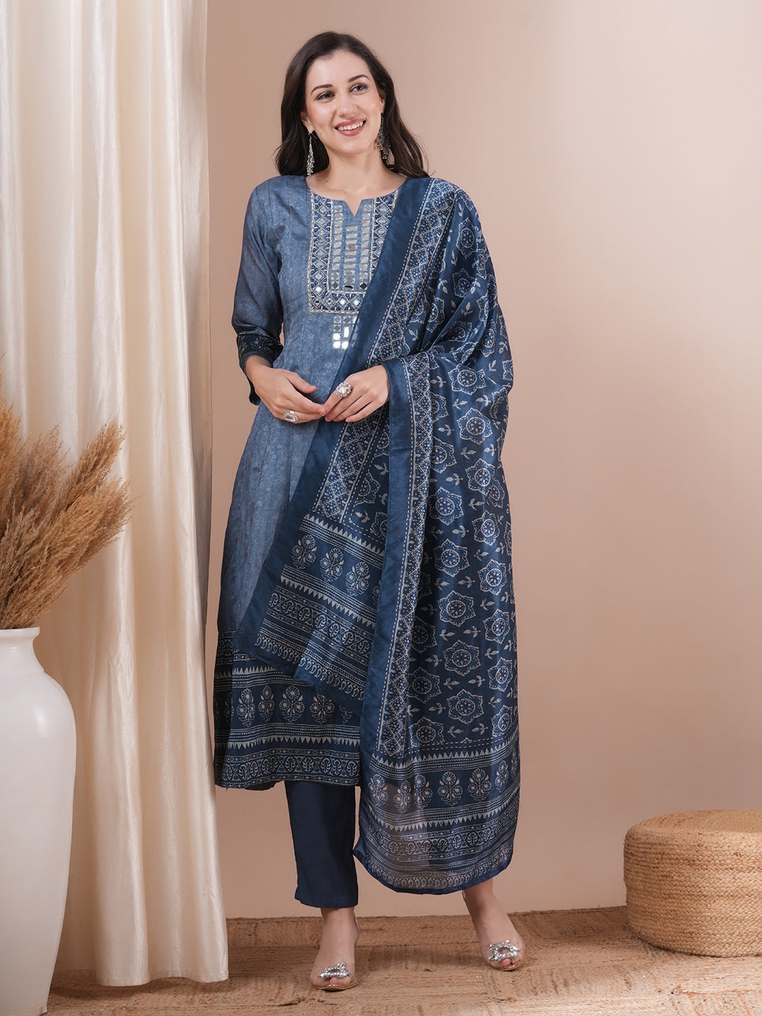 Ethnic Printed & Mirror Embroidered Straight Fit Kurta with Pant and Dupatta - Blue