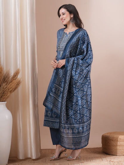 Ethnic Printed & Mirror Embroidered Straight Fit Kurta with Pant and Dupatta - Blue