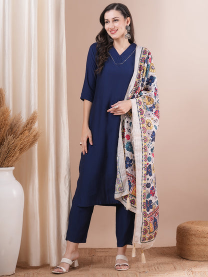 Solid Straight Fit Kurta with Pant & Ethnic Printed Dupatta - Blue