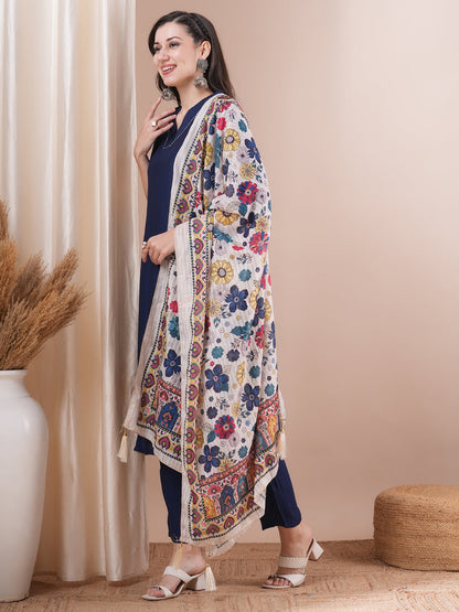 Solid Straight Fit Kurta with Pant & Ethnic Printed Dupatta - Blue