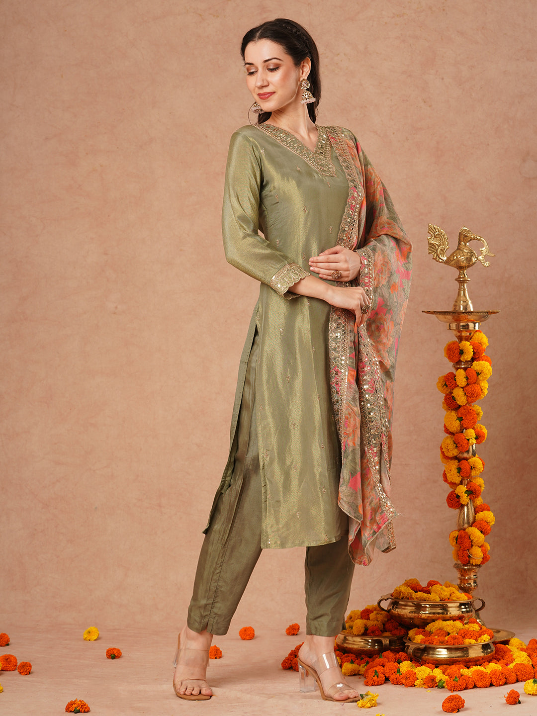 Solid Ethnic Embroidered Straight Fit Tissue Kurta with Pant and Printed Dupatta - Green