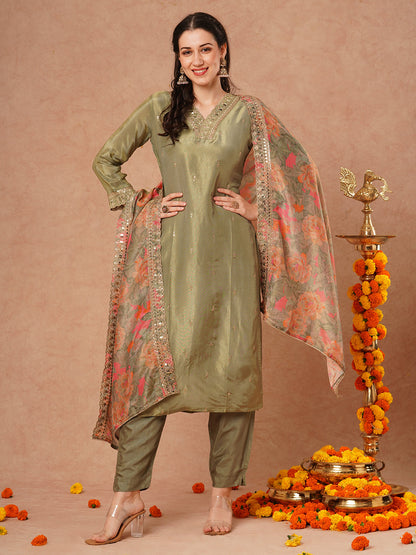 Solid Ethnic Embroidered Straight Fit Tissue Kurta with Pant and Printed Dupatta - Green